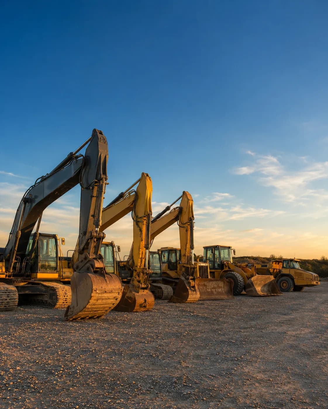A lineup of used excavators, a wheel loader and a haul truck on a North American dealer yard at sunset