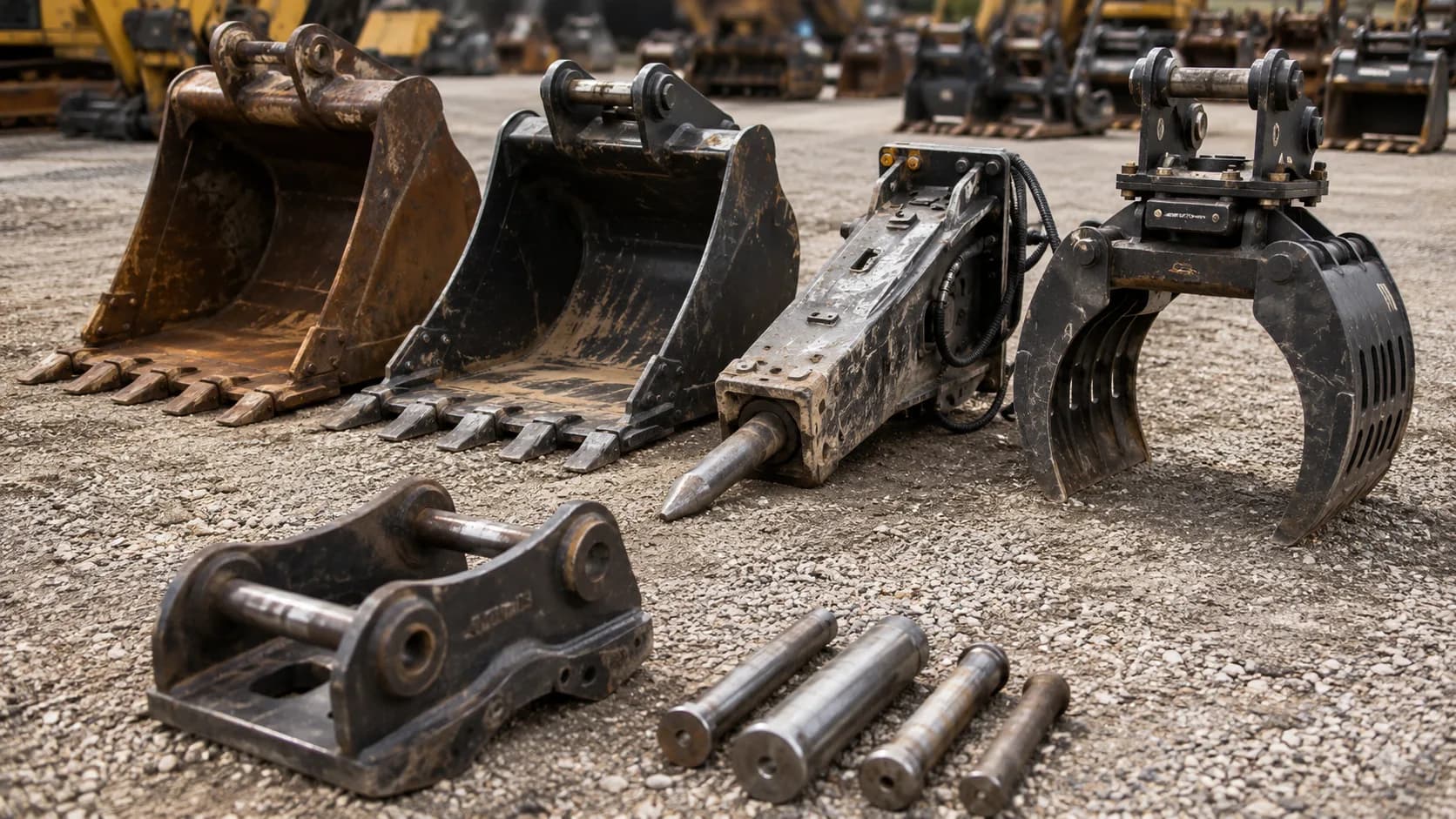 A row of used excavator attachments — buckets, a hydraulic breaker and a grapple — lined up on the ground