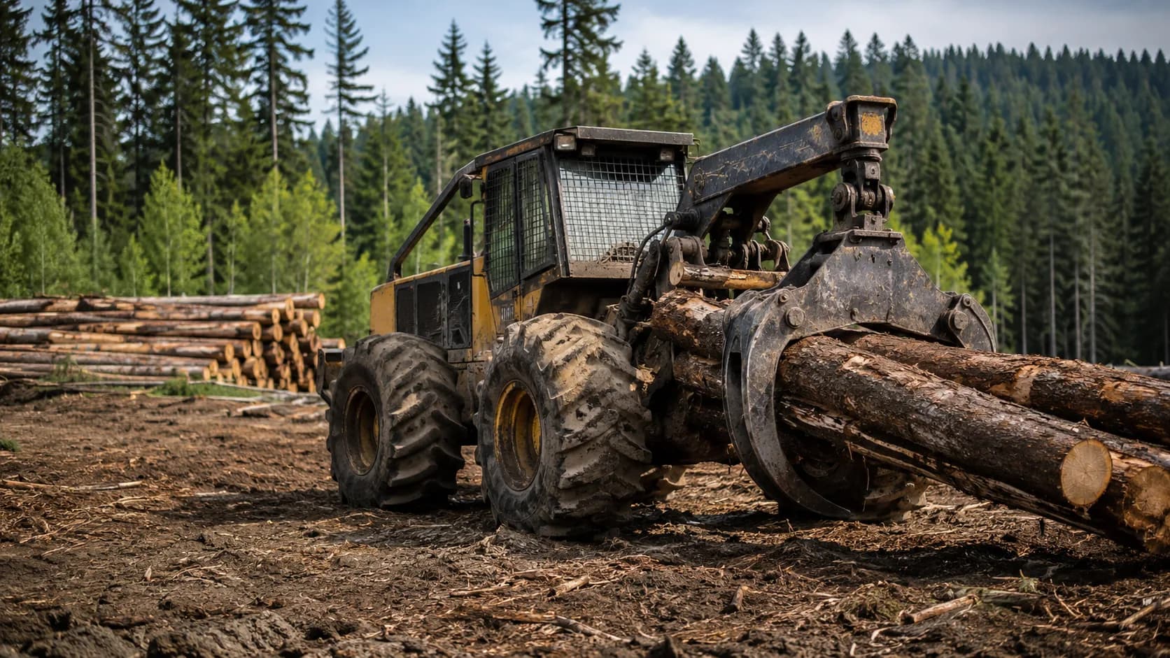 A used forestry skidder with a log grapple working at the edge of a timber landing