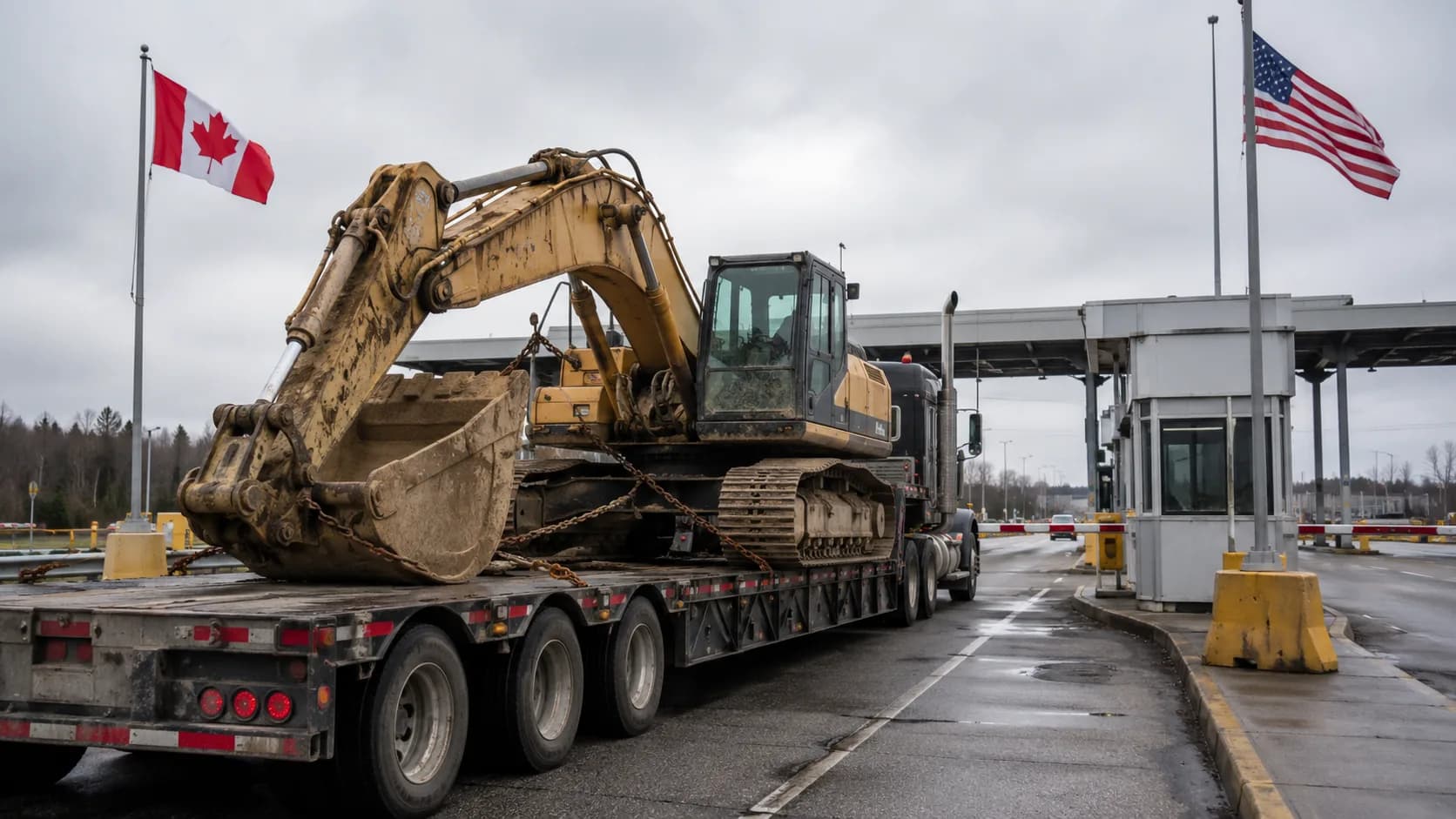 A flatbed truck loaded with a used excavator waiting at a Canada–U.S. border crossing with a customs booth and flags