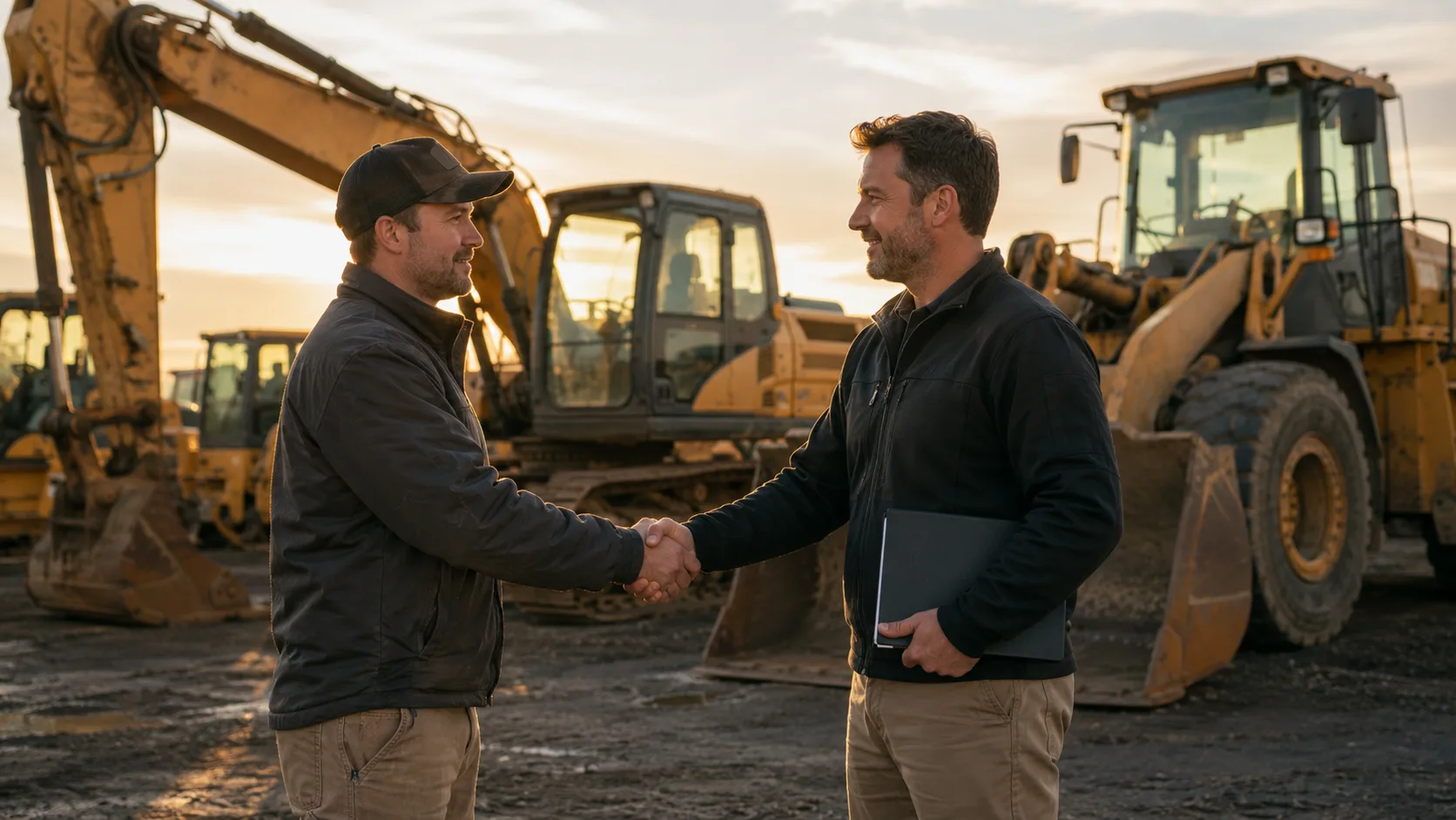 A buyer and a dealer shaking hands to close a deal in front of a used excavator at an equipment lot