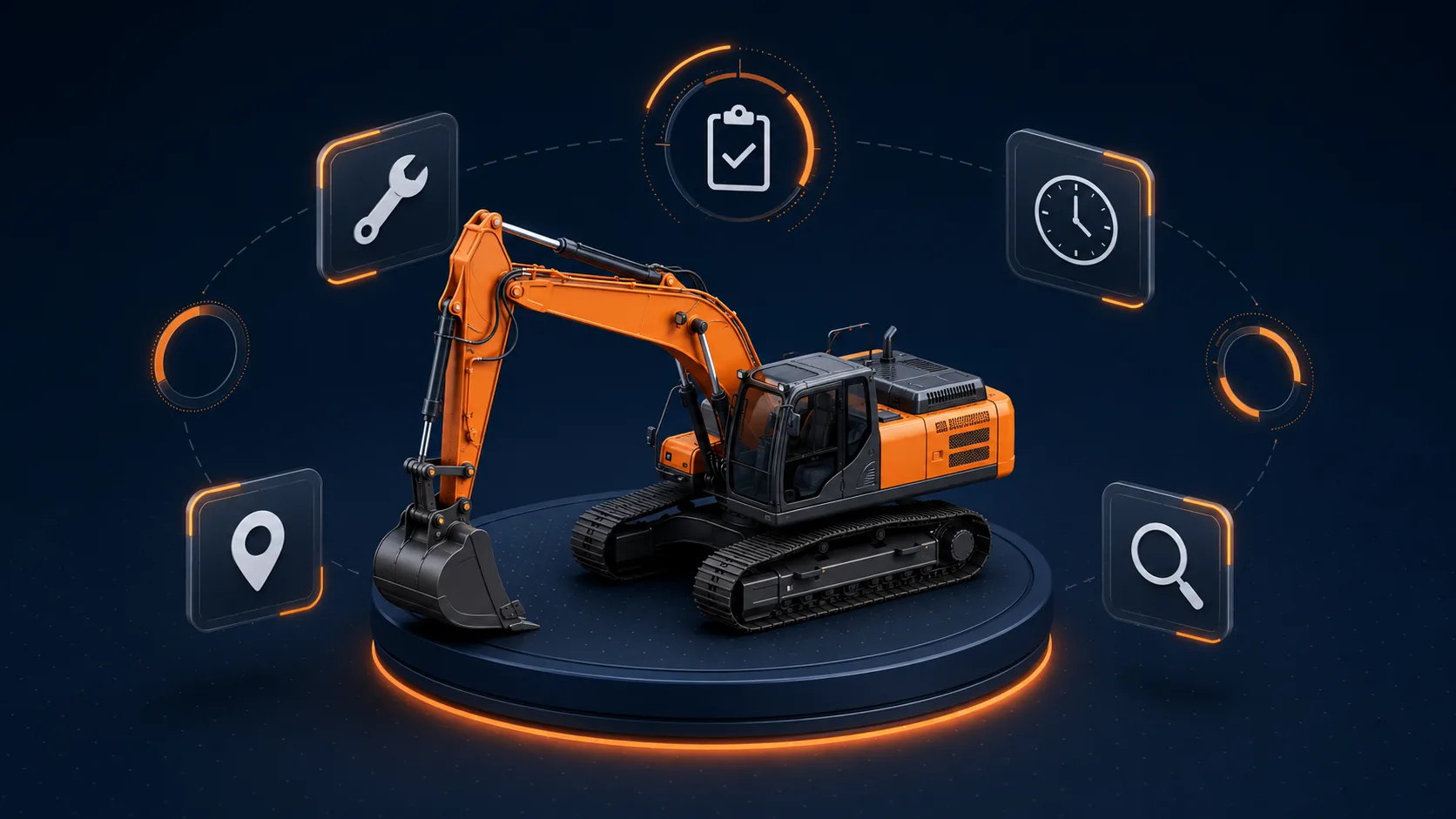 Isometric illustration of an excavator on a glowing pedestal ringed by valuation icons — service records, hours, location and inspection