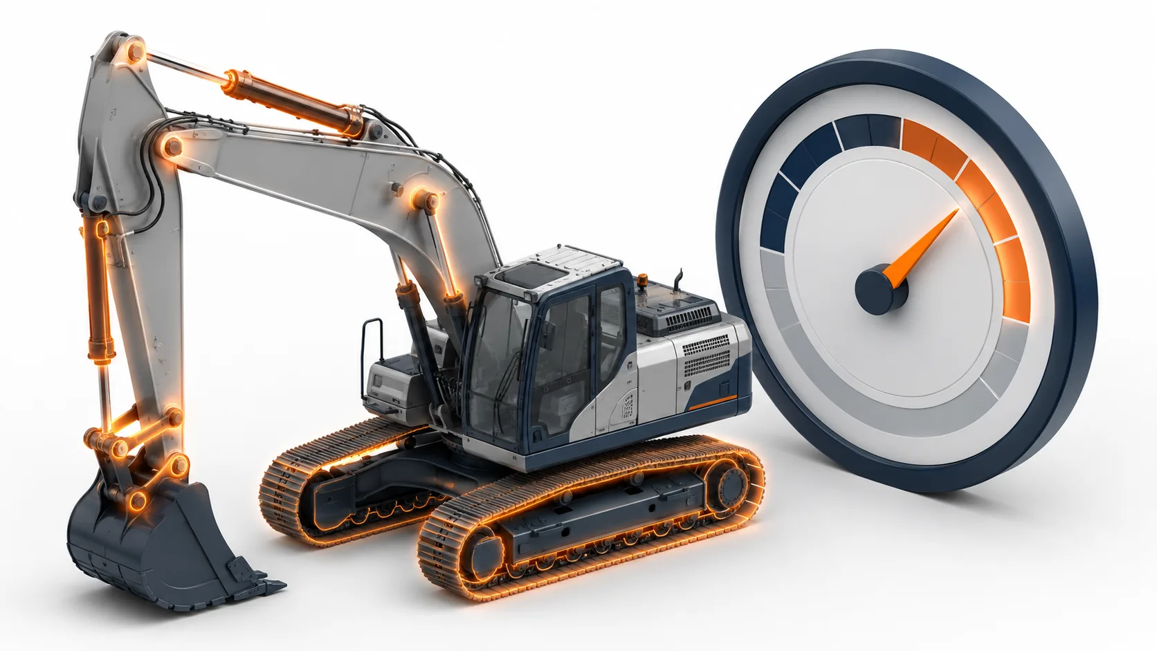 Isometric illustration of an excavator beside an hour-meter gauge with highlighted wear zones on the undercarriage, boom pins and hydraulics