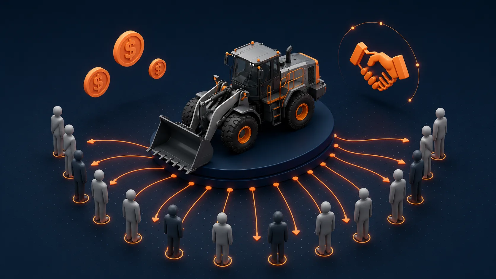 Isometric illustration of one wheel loader reaching a ring of buyers, with payment coins and a handshake icon
