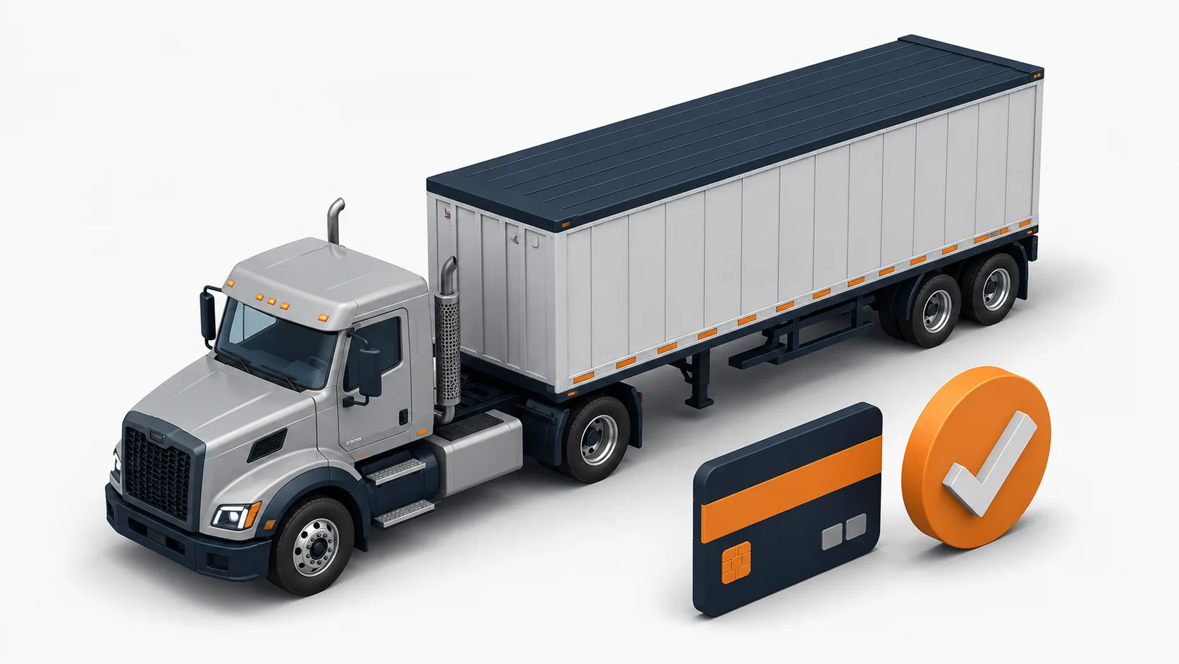 Isometric illustration of a day-cab truck and trailer beside a payment and approval motif