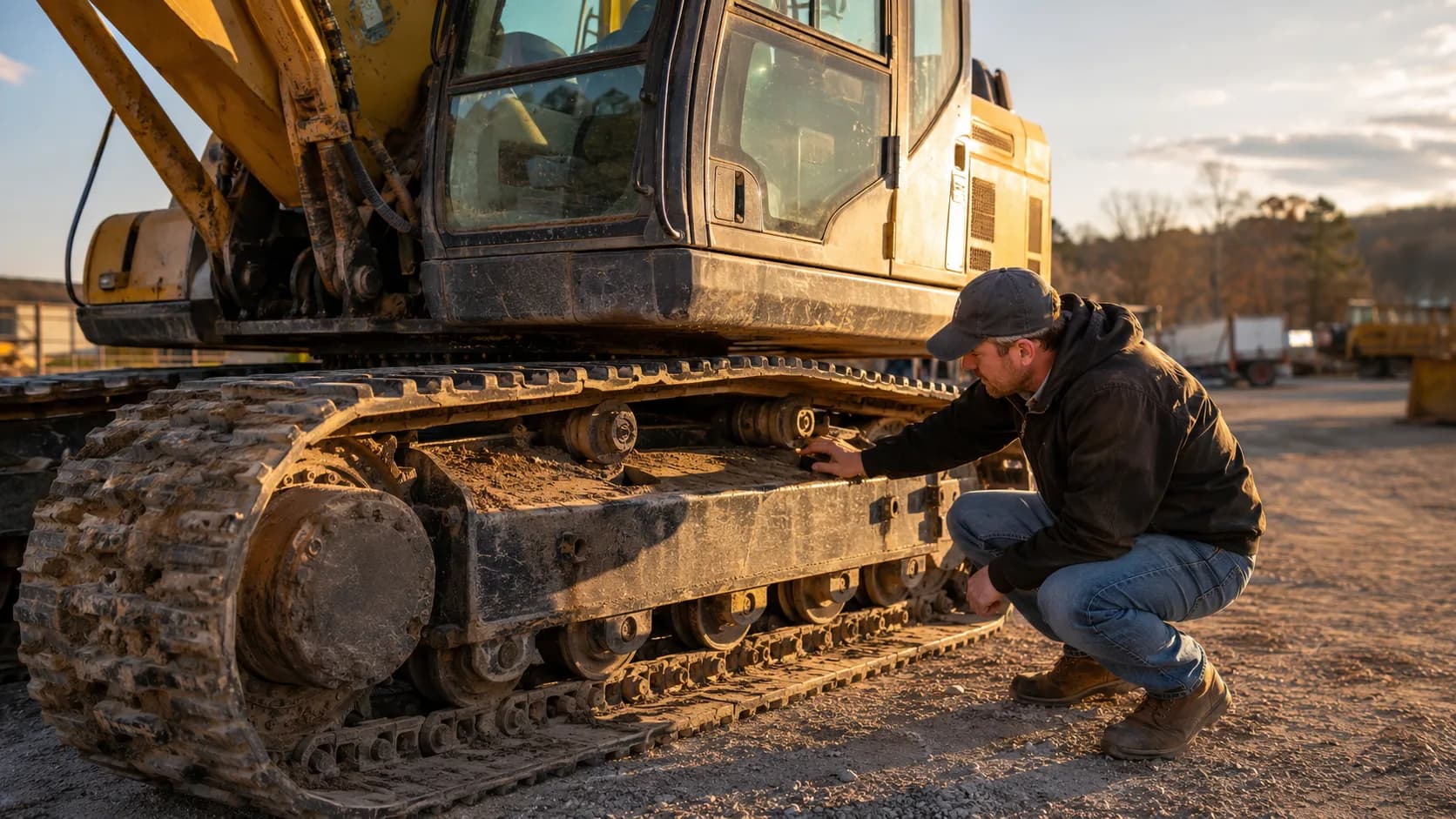 A buyer crouched beside a used excavator inspecting the undercarriage during a pre-purchase walkaround
