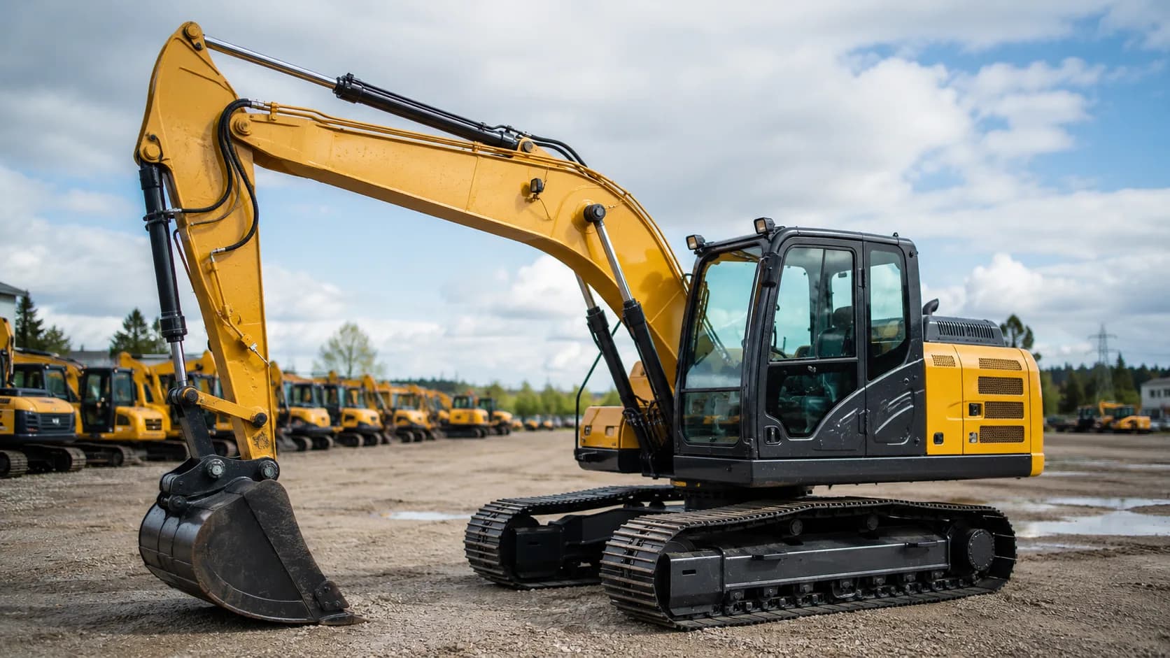 A freshly cleaned excavator staged outdoors in good light, ready to be photographed for a sale listing