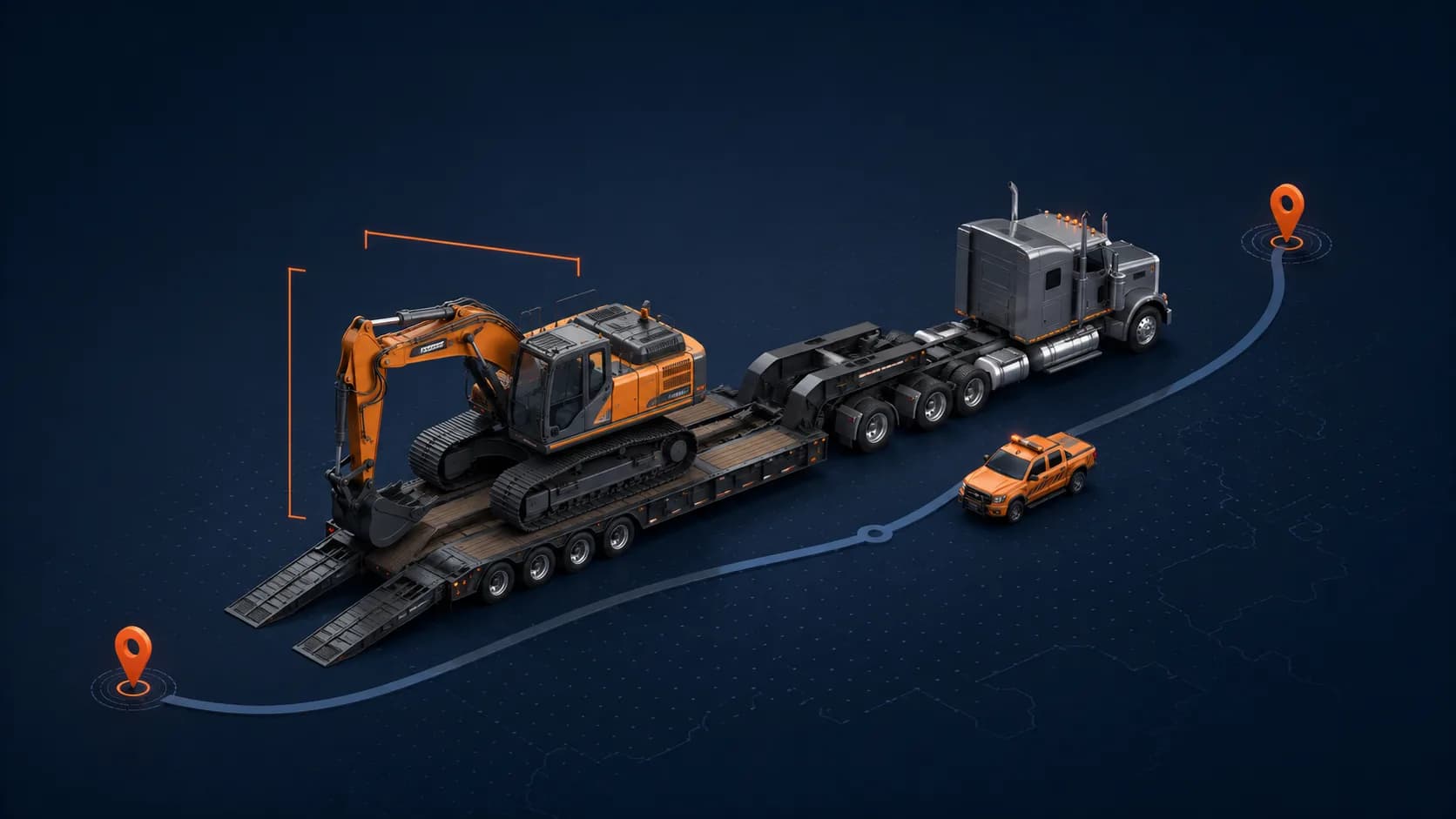 Isometric illustration of an excavator loading onto a lowboy trailer with a pilot car following a routed map line