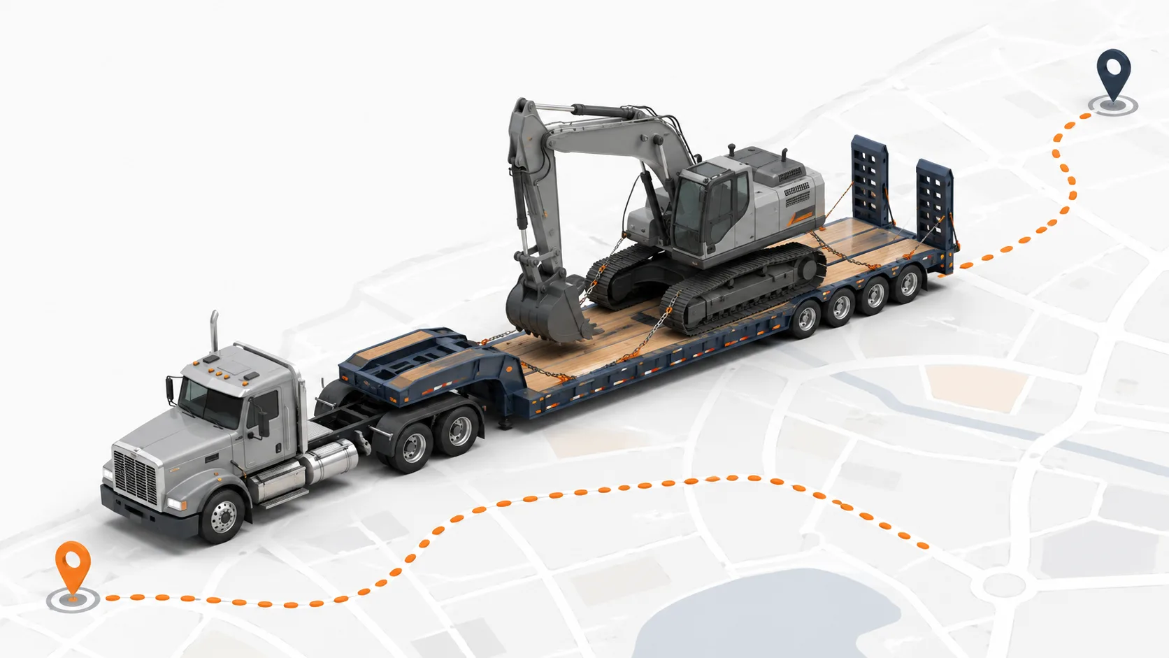 Isometric illustration of a lowboy trailer hauling an excavator along a route line across a map