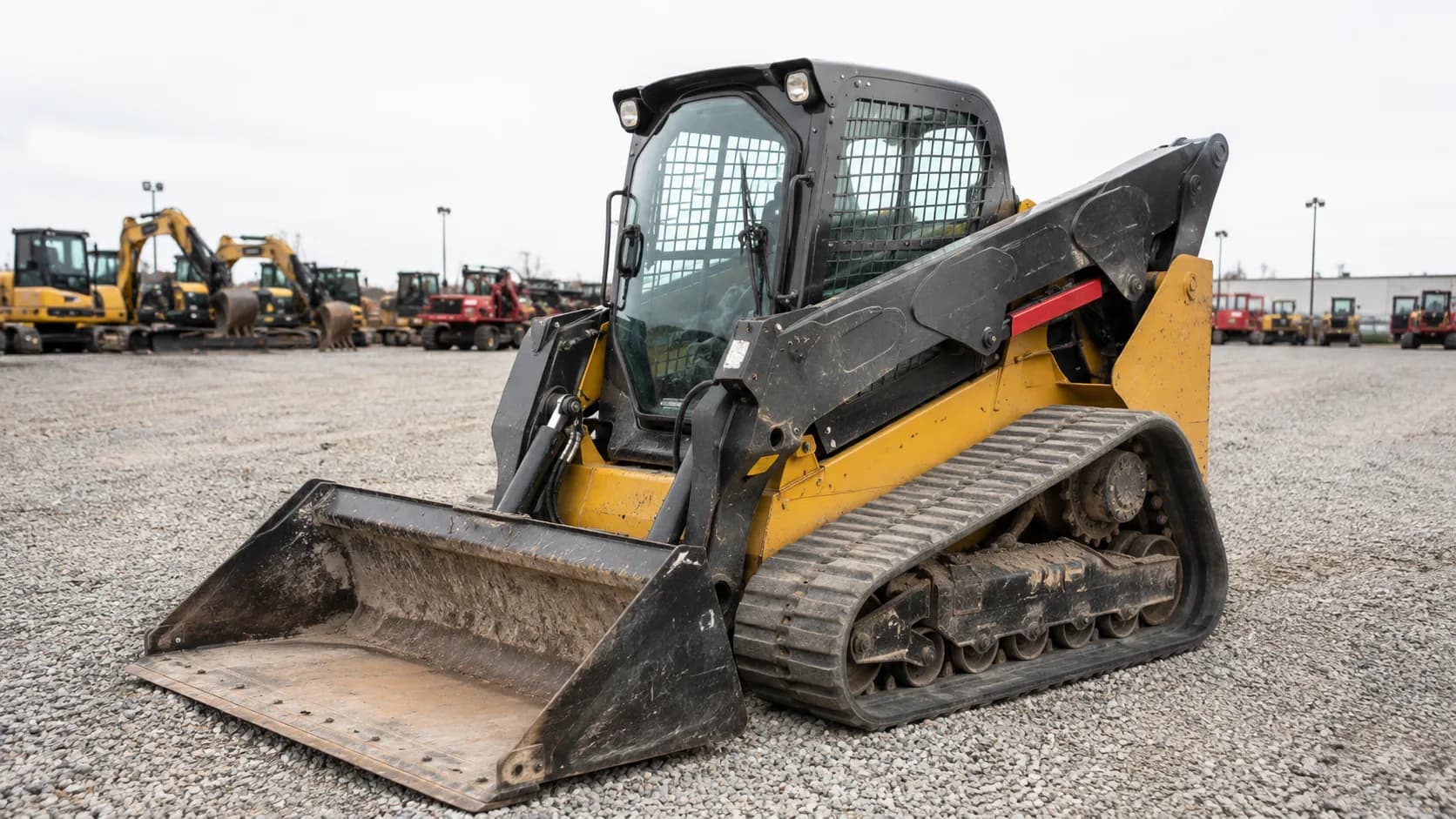 A used compact track loader on a dealer lot with its rubber-track undercarriage in close view