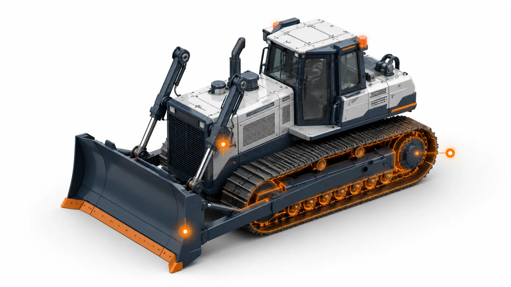 Isometric illustration of a crawler dozer with callouts on the undercarriage wear stages, blade, C-frame and final drives