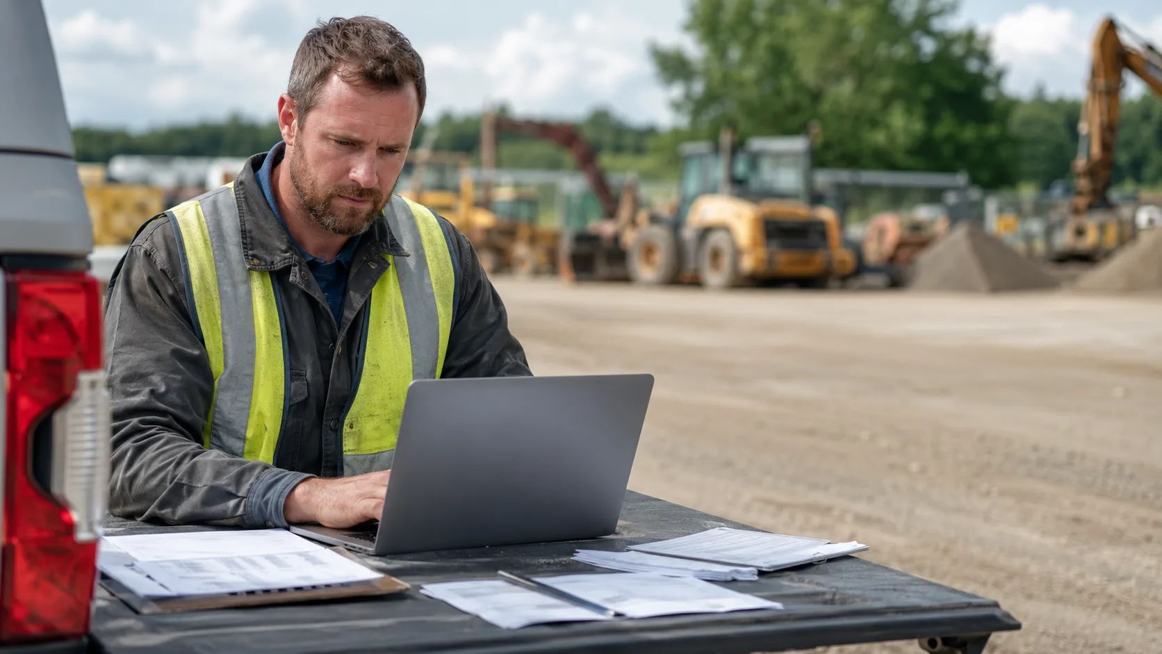 A contractor reviewing equipment-financing paperwork on a laptop with heavy machinery in the background