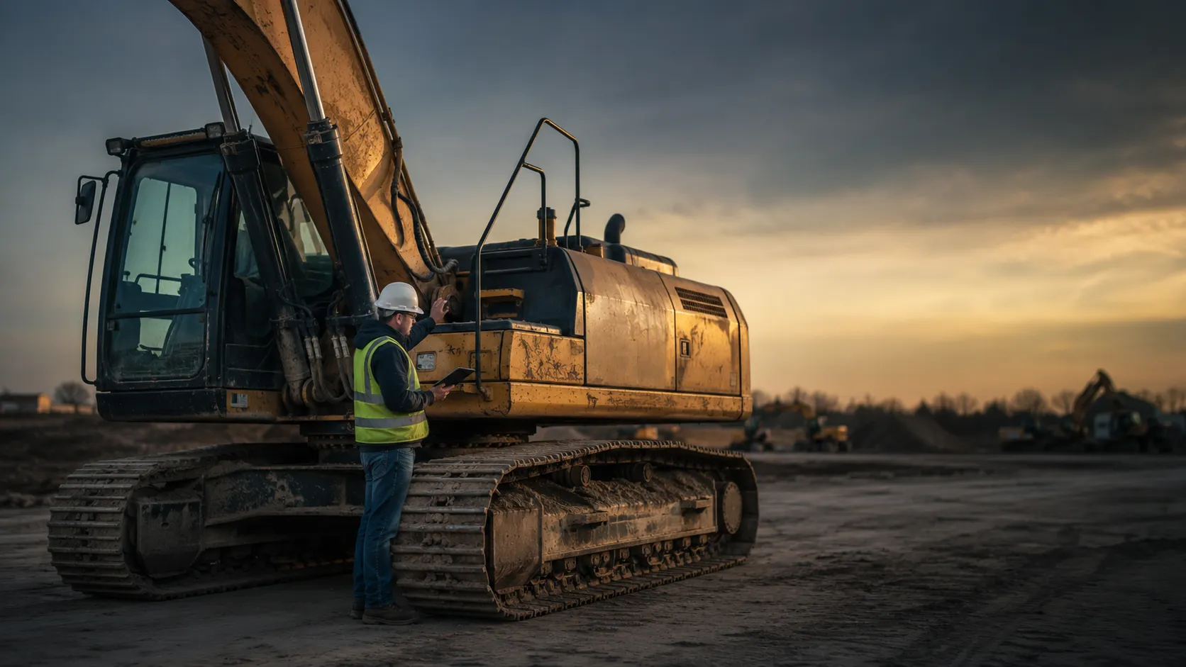 An equipment inspector in a hi-vis vest assessing a used excavator at a worksite