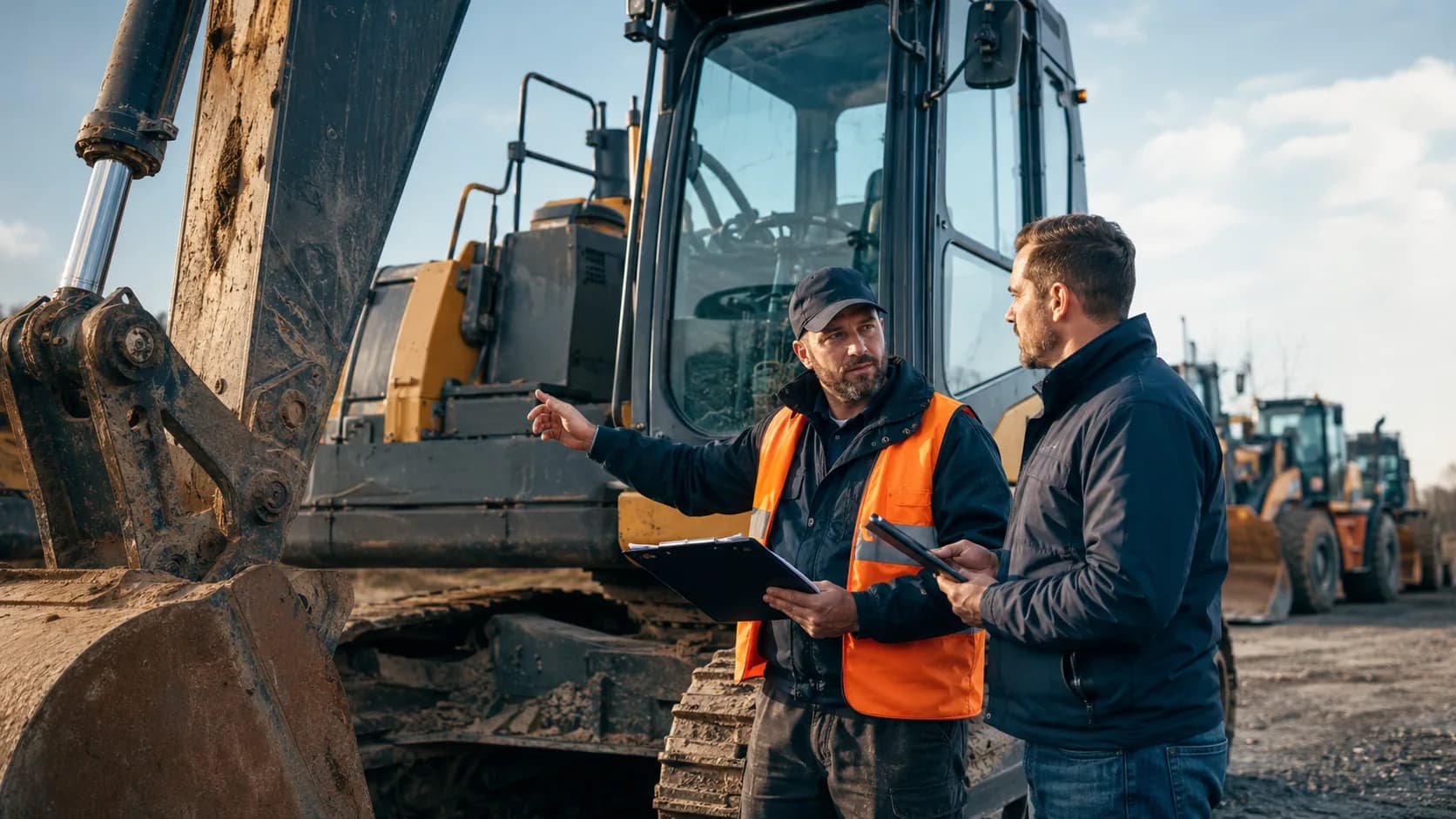 A used excavator being inspected before purchase